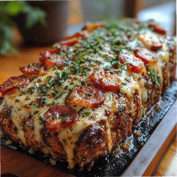 Pain de viande au veau mozzarella bacon caramélisé Pain de viande au veau garni de mozzarella fondante et enveloppé de bacon caramélisé croustillant