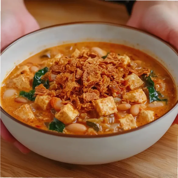Ragoût de haricots blancs au tofu Ragoût de haricots blancs avec cubes de tofu croustillants et légumes frais dans une assiette blanche