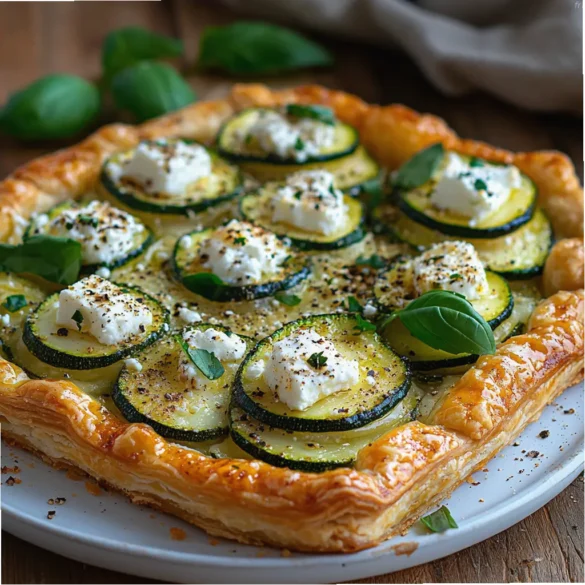 Tarte courgette feta Tarte aux courgettes et feta dorée avec herbes fraîches sur une assiette blanche