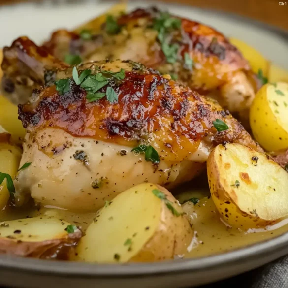 Recette cuisses de poulet rôties avec pommes de terre et pomme Cuisses de poulet rôties au four avec pommes de terre et pommes golden