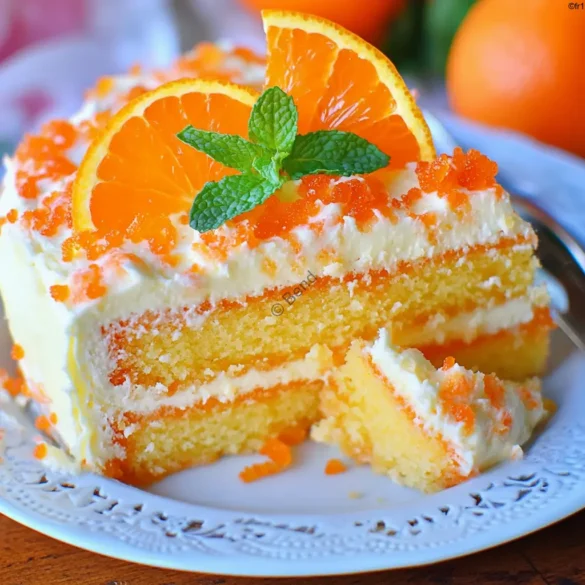 Gâteau Orange-Vanille Façon Creamsicle Part de gâteau orange-vanille façon Creamsicle avec glaçage à la mandarine