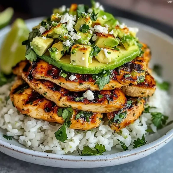 Poulet au Miel et Citron Vert sur Riz à l’Avocat Stack de riz, poulet grillé au miel citron et avocat dans une assiette blanche