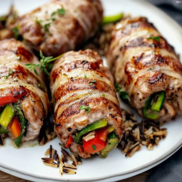 Roulés de veau farcis Roulés de veau farcis aux légumes colorés dans une assiette blanche