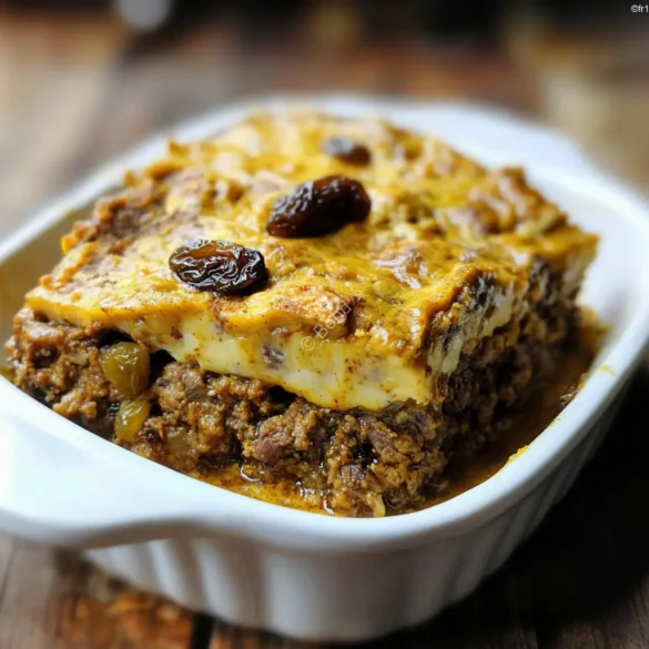Bobotie sud-africain au bœuf Bobotie sud-africain au bœuf avec flan doré servi dans un plat à gratin
