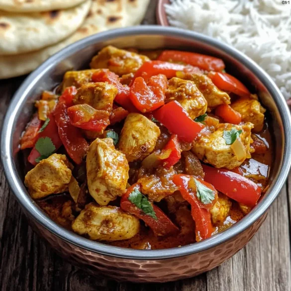 Curry indien au poulet Curry de poulet indien aux poivrons rouges dans une poêle blanche