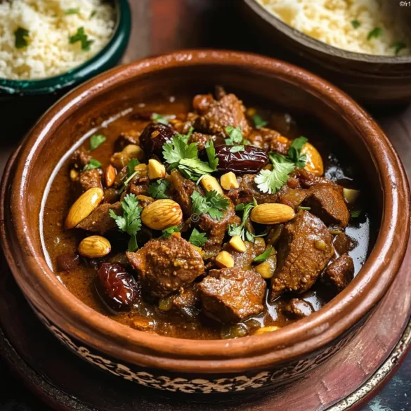 Tajine d’agneau aux dattes Tajine d’agneau aux dattes dans un plat marocain en terre cuite