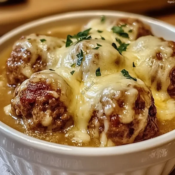 Boulettes de viande à l’oignon Boulettes de viande mijotées dans un bouillon d’oignon avec fromage fondu
