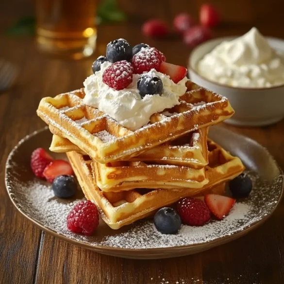 Recette gaufre traditionnelle : gaufres dorées et croustillantes avec fruits frais Recette gaufre : gaufres maison croustillantes dorées avec fruits frais et sucre glace