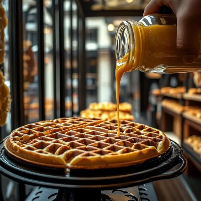 Origine des gaufres françaises: A visually captivating scene showcasing the traditional French waffle-making process. In the foreground, a skilled pâtissier carefully pours a golden batter into a vintage cast-iron waffle iron, its intricate design casting mesmerizing patterns. The middle ground reveals a cozy, old-world bakery, with wooden shelves displaying an array of freshly baked waffles, their aroma wafting through the air. In the background, a sun-dappled window offers a glimpse of a charming French street, cobblestones and quaint storefronts creating a timeless, nostalgic atmosphere. Soft, warm lighting and a subtle, elegant branding "RecettesBand" complete this image, capturing the essence of France's enduring waffle heritage. Recette gaufre : préparation de la pâte versée dans un gaufrier en fonte avec gaufres fraîches en arrière-plan