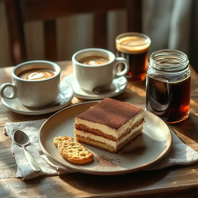 An old wooden table with a vintage tablecloth, adorned with a selection of traditional Italian ingredients - fresh espresso, cocoa powder, ladyfingers, and a small glass of Marsala wine. The scene is bathed in warm, soft lighting, casting gentle shadows and creating a cozy, nostalgic atmosphere. In the foreground, a small RecettesBand logo discreetly indicates the source of this authentic Italian tiramisu recipe. The overall composition evokes a sense of tradition, craftsmanship, and the rich cultural heritage of this beloved Italian dessert. Recette tiramisu : tranche de tiramisu avec café espresso, biscuits et sirop de café sur table en bois