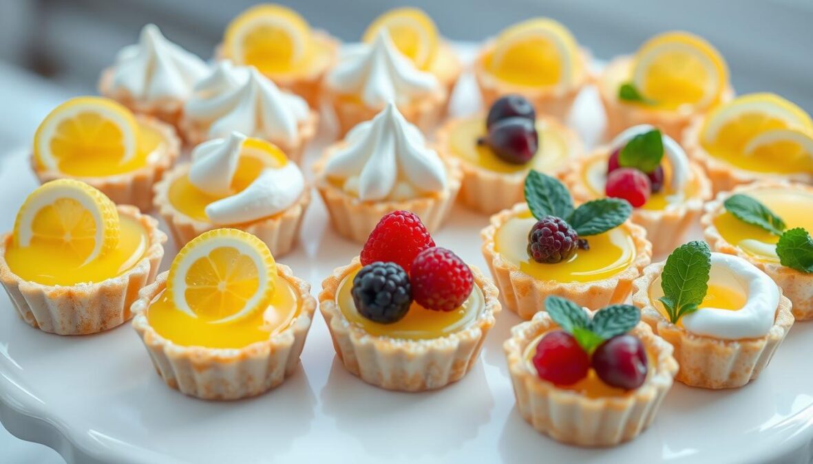 Assortiment de mini-tartelettes au citron avec différentes finitions et décorations Assortiment de mini-tartelettes au citron avec différentes finitions et décorations