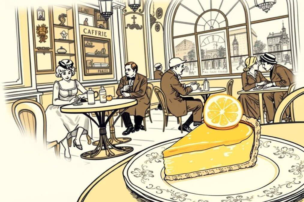 Illustration vintage d'une tarte au citron dans un café parisien du 19ème siècle Illustration vintage d'une tarte au citron dans un café parisien du 19ème siècle