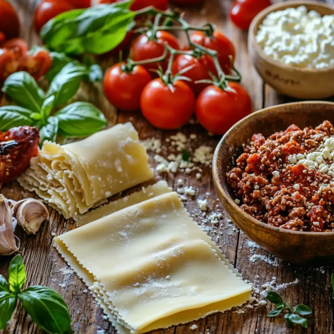 Assortiment d’ingrédients frais pour lasagnes : pâtes artisanales, tomates San Marzano, viande hachée, fromages italiens et herbes fraîches