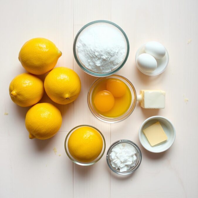 Ingrédients pour la crème au citron avec citrons frais, œufs et sucre Ingrédients pour la crème au citron avec citrons frais, œufs et sucre