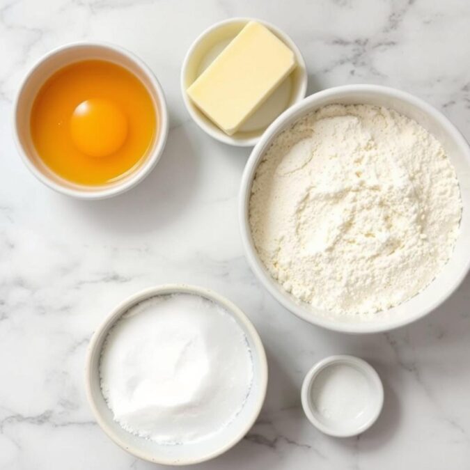 Ingrédients pour la pâte sablée de la tarte au citron disposés sur un plan de travail Ingrédients pour la pâte sablée de la tarte au citron disposés sur un plan de travail