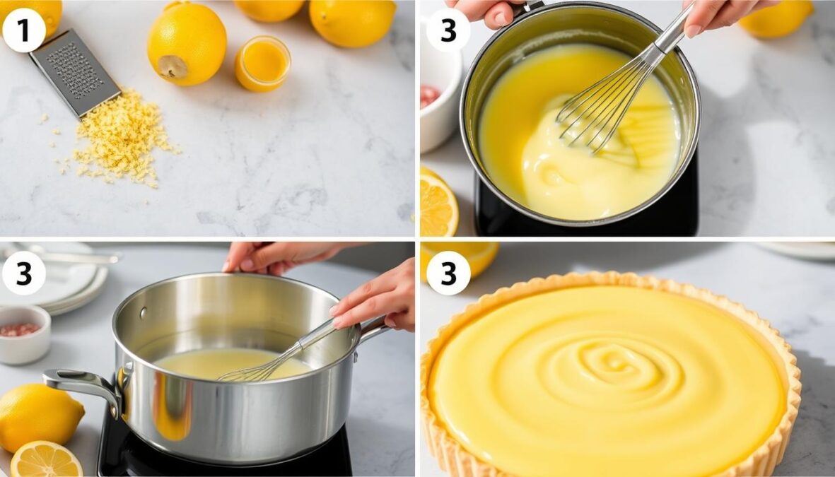 Préparation de la crème au citron avec zestes et jus frais Préparation de la crème au citron avec zestes et jus frais