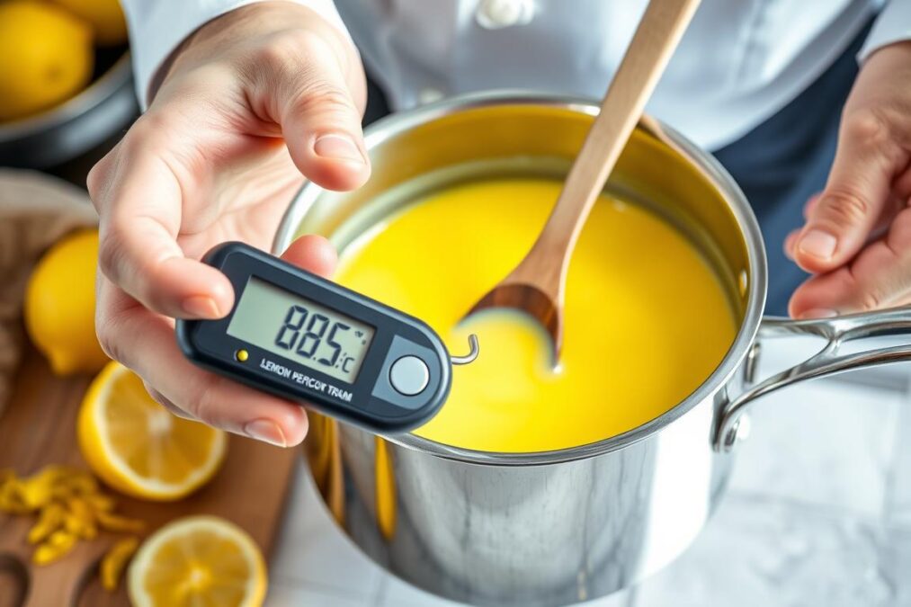 Préparation professionnelle de la crème au citron avec thermomètre Préparation professionnelle de la crème au citron avec thermomètre