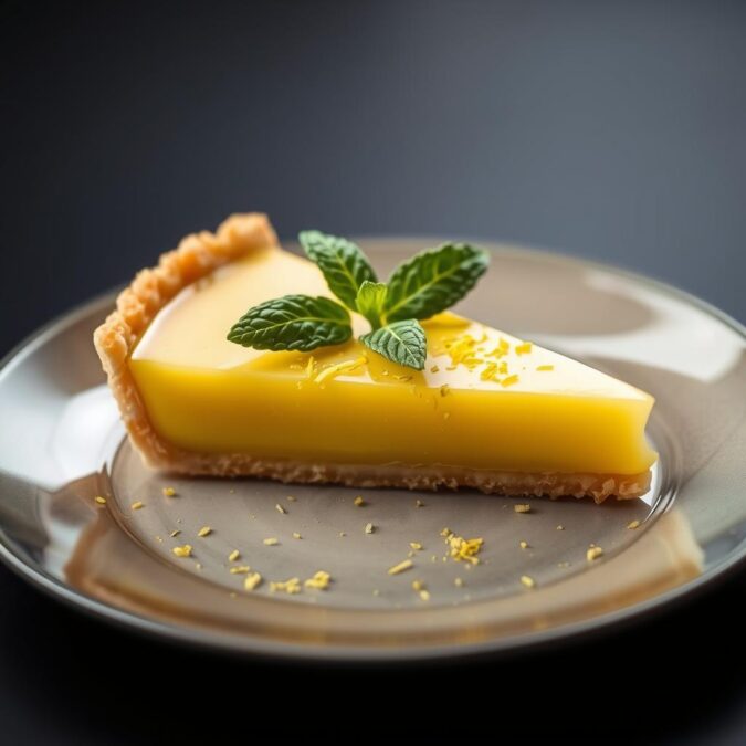 Tarte au citron saupoudrée de zestes et accompagnée de menthe fraîche Tarte au citron saupoudrée de zestes et accompagnée de menthe fraîche