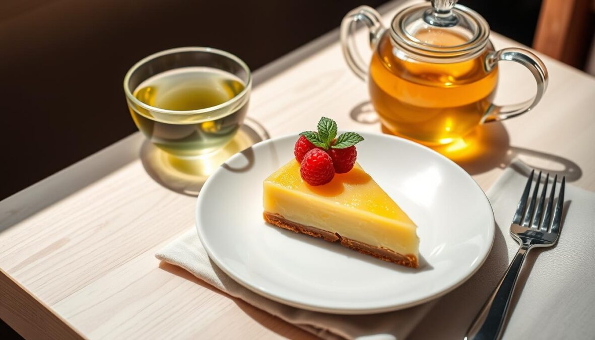 Tarte au citron servie avec thé vert et quelques framboises fraîches Tarte au citron servie avec thé vert et quelques framboises fraîches