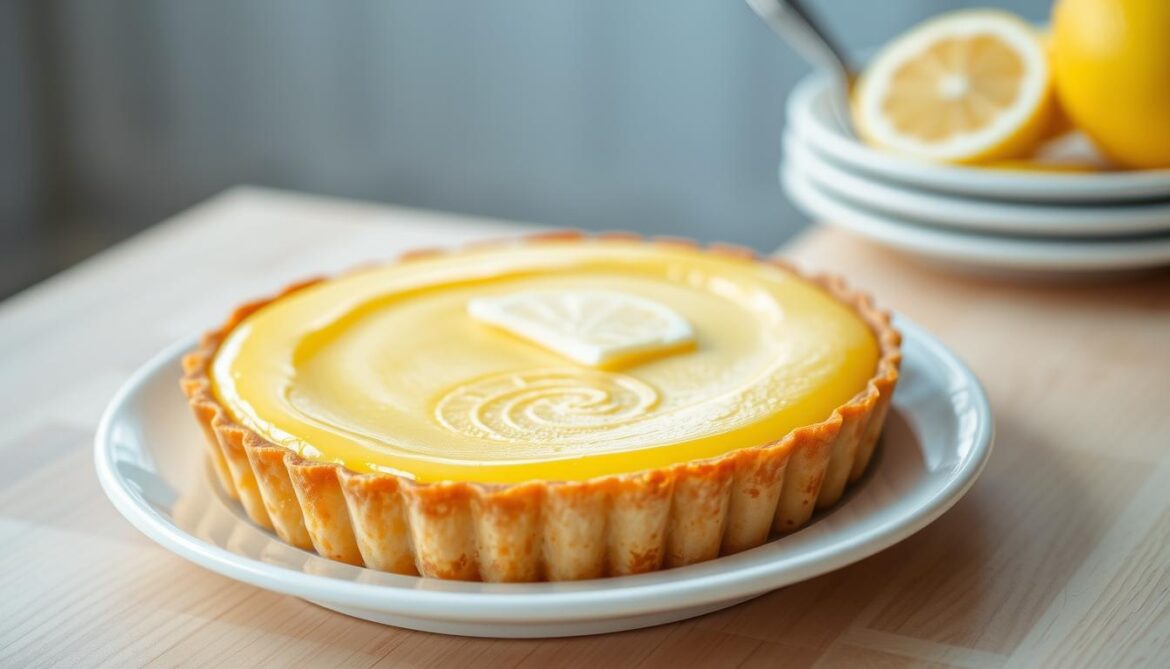 Tarte au citron traditionnelle avec sa garniture jaune dorée sur fond de pâte sablée