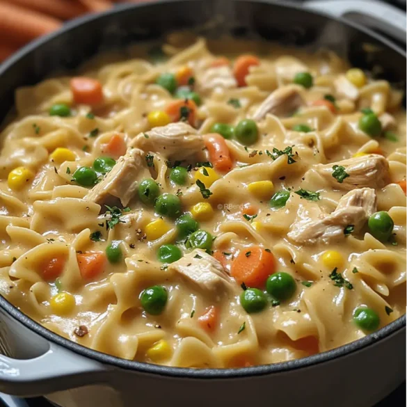 Pâtes Façon Tourte au Poulet Pâtes aux œufs crémeuses avec poulet, légumes et sauce blanche