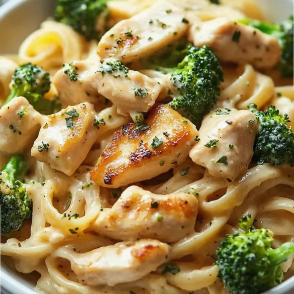 Pâtes au Poulet et Brocoli Assiette de pâtes longues avec poulet, brocoli et sauce crémeuse au parmesan