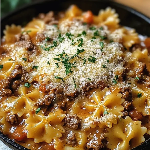 Pâtes au bœuf haché et sauce crémeuse au parmesan servies dans une assiette blanche