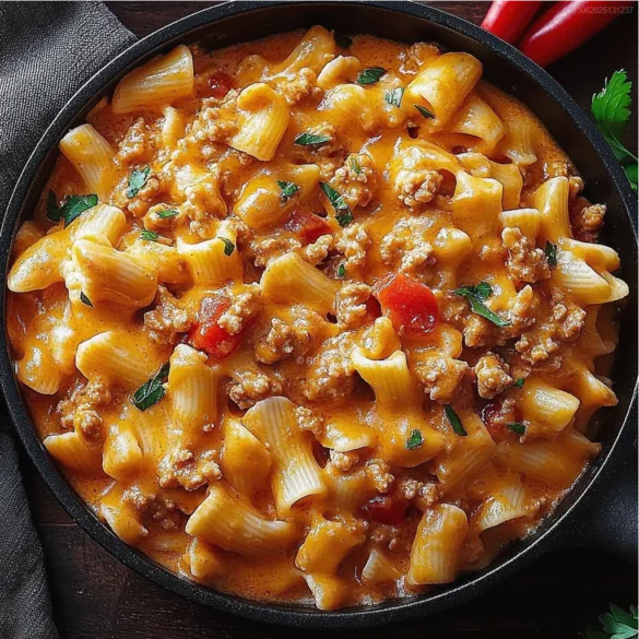 Pâtes Façon Tacos Pâtes coquillettes avec viande hachée, sauce salsa et fromage fondu dans une poêle