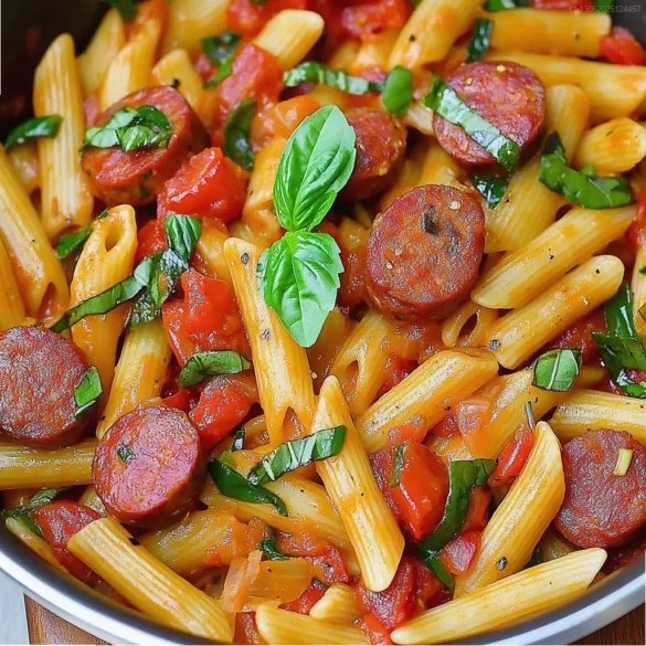 Pâtes à la Kielbasa Poêle de pâtes avec tranches de kielbasa, poivrons colorés et sauce tomate