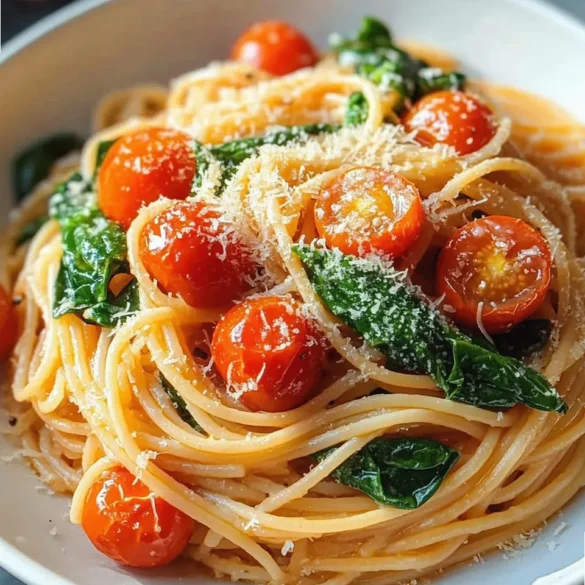 Pâtes Meghan Markle Spaghetti aux tomates cerises, épinards et ail dans une poêle blanche