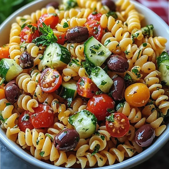 Salade de Pâtes Memorial Day Salade de pâtes colorée avec légumes, fromage et herbes