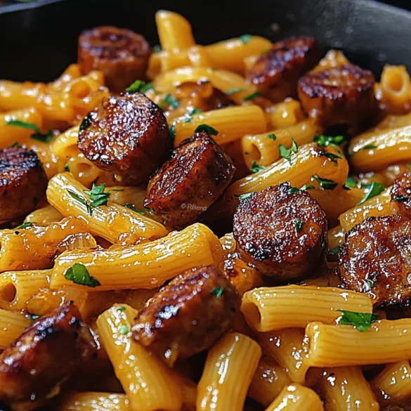 Pâtes à la Saucisse Miel Ail Poêle de rigatoni à la saucisse nappée de sauce miel-ail crémeuse