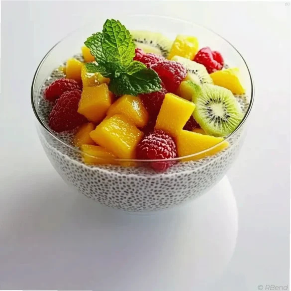 Pudding aux graines de chia aux fruits Verrine de pudding aux graines de chia avec dés de mangue et kiwi, feuilles de menthe
